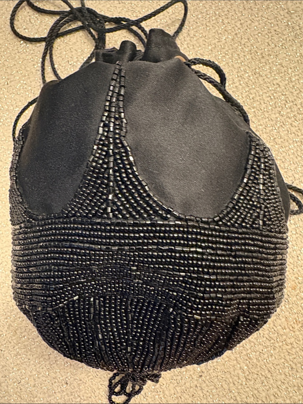 Walborg Vintage Black Beaded Drawstring Evening Bag